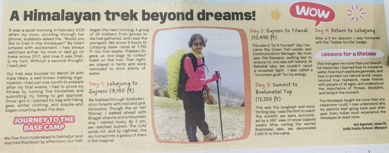 Enchanting Mountains - My first Himalayan Trek - Ishi Agarwal - Grade IX